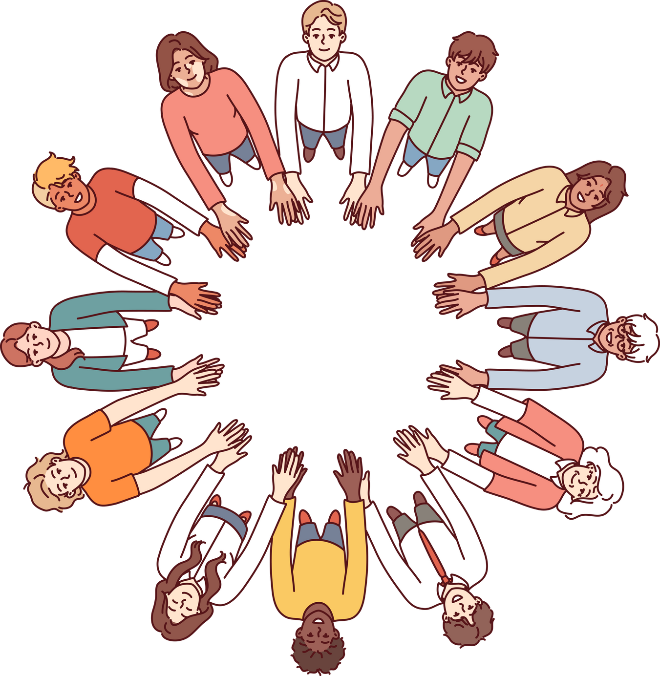 Friendly people stand in circle hold hands for collaboration and teamwork, top view